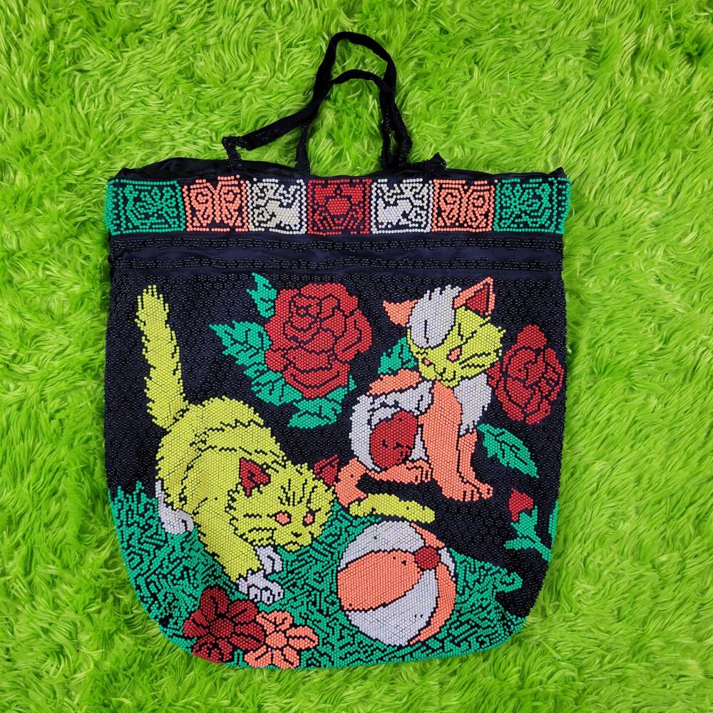 Vintage Beaded Cat Kitten Tote Bag
